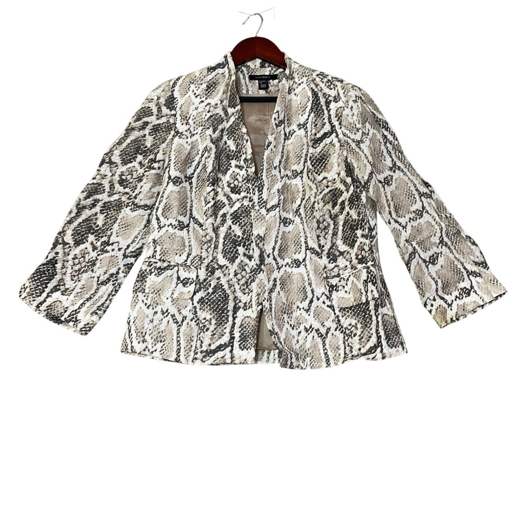 Louben Women's 6 Tan Snakeskin Print Open Front Blazer Linen Blend